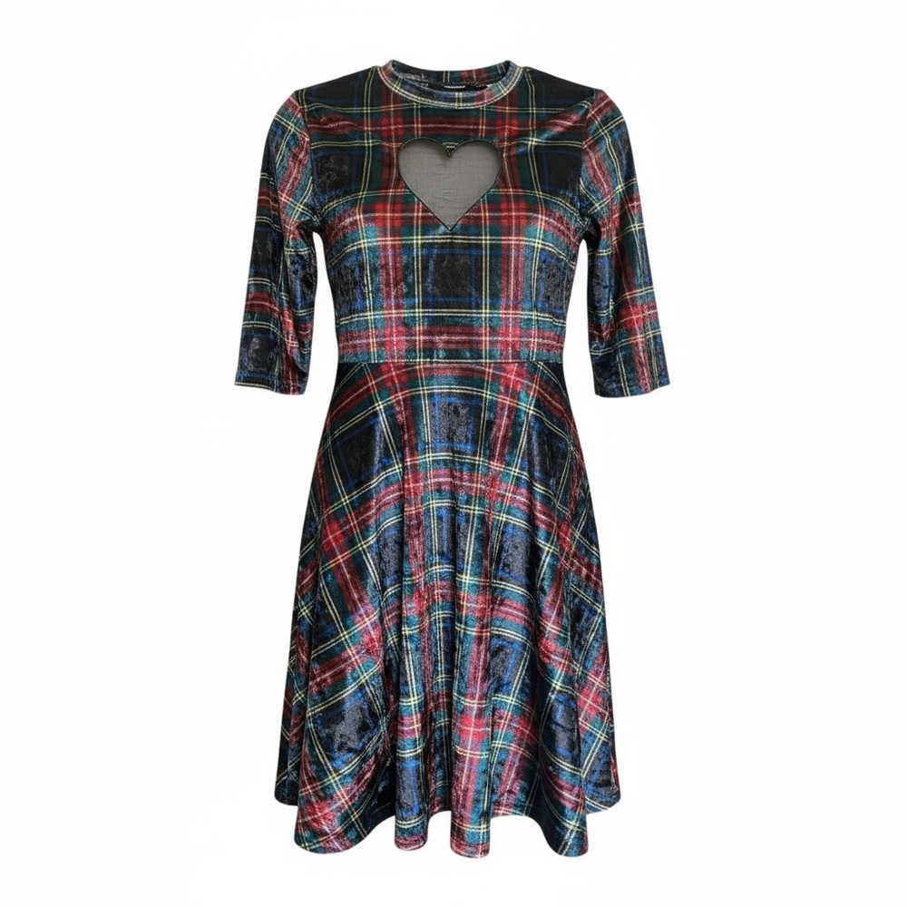 Jawbreaker No Heart Velvet Tartan Dress Dark Academia Plaid Holiday 3/4 Sleeve
